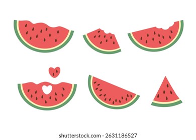 A set of icons of sliced ripe watermelon slices in a flat style. Vector colorful illustration isolated on a white background