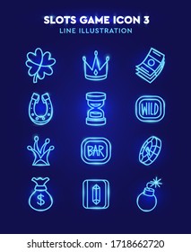 Set of icons for slots game. Vector icons in linear style. Neon glow effect on dark blue background.