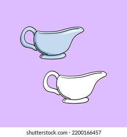 A set of icons, a small ceramic saucepan, a vessel for cream, milk, a vector illustration in cartoon style on a colored background