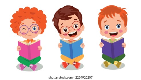 Set icons of small children reading a book