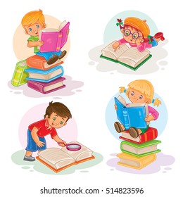 Set icons of small children reading a book