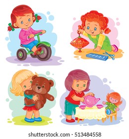 Set icons small girls playing with toys