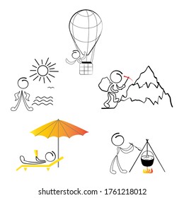 A set of icons of small images of people and educational symbols, a cute miniature scene of a traveler in a balloon, a rock climber relaxing on the beach, and a cook who cooks food in a bowler hat