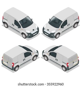 Set of icons small truck for transportation cargo. Van for the carriage of cargo. Delivery car. Vector isometric illustration.
