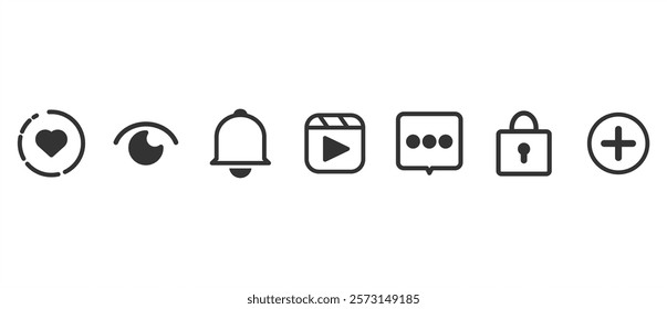 Set of icons of smart buttons in social media applications. Includes love stories, viewers, notifications, app keys, videos, chats and more. Application icon vector illustration in transparent.