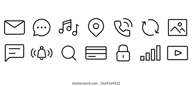 Set of icons of smart buttons in social media applications, Mobile Phone Functions and Settings line icons. Smartphone technology vector linear icon vector illustration in transparent background.