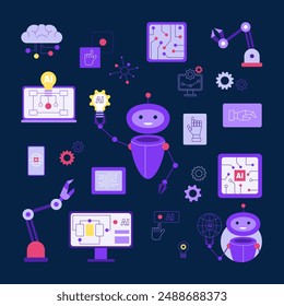 Set of icons of smart robotic, AI technologies. Elements of digital technologies of artificial intelligence. Neurnet, virtual assistant, online client support. Isolated flat vector illustration