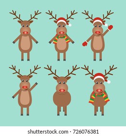 Set of icons of a smiling deer Santa Claus, in a red hat, scarf and mittens in a cartoon style. Design for a postcard, banner, poster. Vector illustration.
