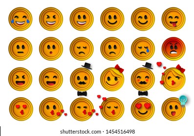 Set of icons of smiling faces Yellow funny round faces with different emotions in style cut paper isolated on white background. Vector illustration.