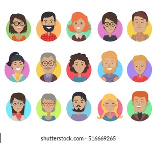 Set of icons with smiling people of different age and sex on white background. Icons of men and women in colored circles. Men with beards and mustache. Men and women in glasses. Vector illustration.