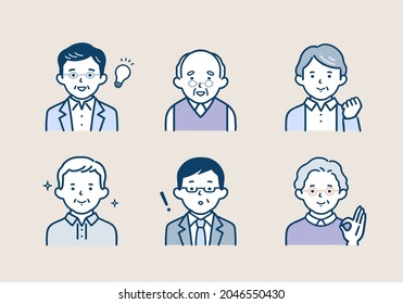 Set of icons of a smiling senior man.