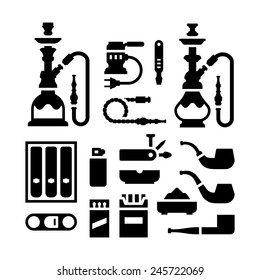 Set icons of smoking equipment and accessories isolated on white. Vector illustration