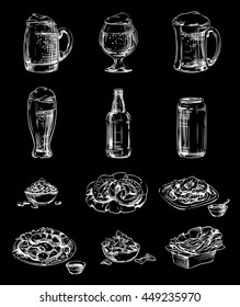 Set of Icons snacks and beer in a glass, mug, bottle, cup, jar and pot. Hand drawing graphic images for Oktoberfest or menu the restaurant, pub, bistro, snack bar, vector white on black, inversion