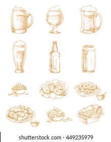 Set of Icons snacks and beer in a glass, mug, bottle, cup, jar and pot. Hand drawing strokes, lines images for Oktoberfest or menu the restaurant, pub, bistro, snack bar, isolated sepia, brown vector