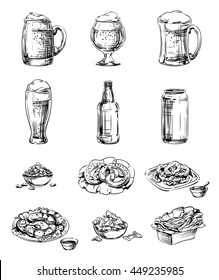 Set of Icons snacks and beer in a glass, mug, bottle, cup, jar and pot. Hand drawing graphic strokes and lines images for Oktoberfest or menu the restaurant, pub, bistro, snack bar, isolated vector