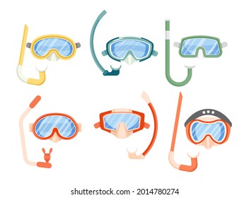 Set of Icons Snorkeling Masks, Scuba Diving Equipment of Different Design. Underwater Glasses and Mouthpiece Tubes for Swimming in Sea or Pool Isolated on White Background. Cartoon Vector Illustration