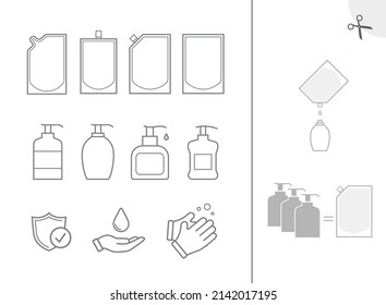 Conjunto de iconos para los iconos de jabón y empaque. Ilustración vectorial aislada en fondo blanco. Fácil de usar para la presentación de su producto, diseño. Esquema de trazo editable. EPS10.	