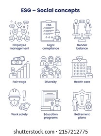 Set icons social  ESG concept  Icons and captions  Vector illustration isolated white background 