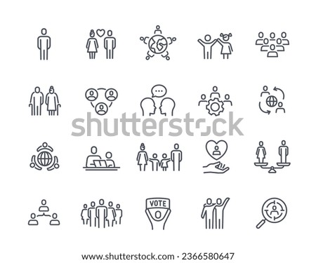 Set of icons of social groups and community. Outline signs with family, children, couple, business partners, friends, populations and generations. Collection of vector illustrations in line art style