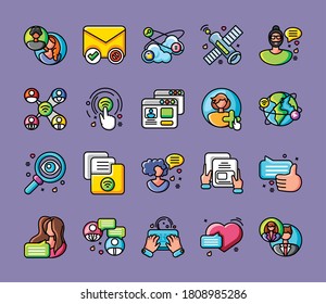set of icons social network on purple background vector illustration design