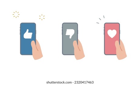 A set of icons of social networking likes on a smartphone held in the hand