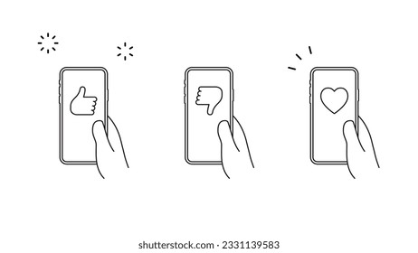 A set of icons of social networking likes on a smartphone held in the hand