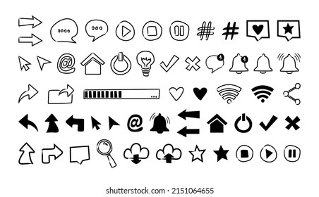 Conjunto de iconos para las redes sociales. Dibujaron a mano garabatos en medios sociales. С colección de elementos negros simples para sitios, interfaz web, aplicaciones. Elementos del doodle vectorial aislados en fondo blanco.