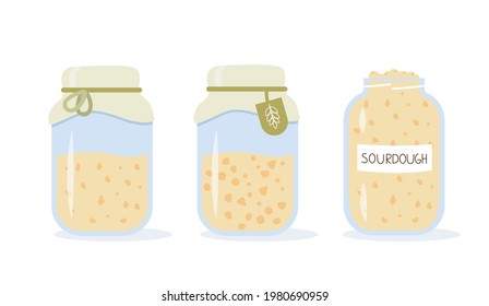 Set of icons of sourdough bread starter in mason jar for home baking. Homemade yeast dough in glass bottle. Healthy organic gluten free diet. Flat cartoon vector illustration.