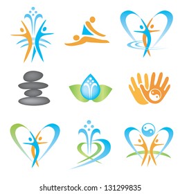 Set of icons with spa, massage, yoga, health symbols. Vector illustration.