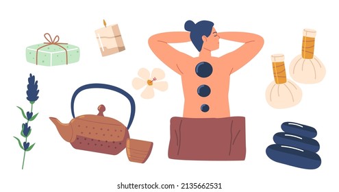 Set of Icons Spa Salon Procedures. Female Character Apply Stone Massage, Aroma Therapy, Body Care, Craft Soap, Lavender Flower, Clay Teapot, Candle Isolated Element. Cartoon People Vector Illustration