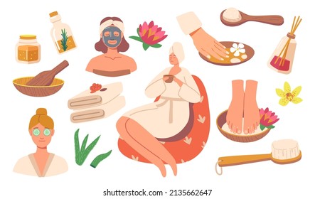 Juego de procedimientos de Icons Spa Salon. Personaje femenino en té de bebida turbante, cepillo de masaje, arcilla, máscara de parafina, aceite de aroma y palitos, cuidado corporal, pedicura, tazón de bambú. Ilustración de vectores de personas de caricatura