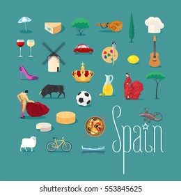 Set of icons with Spanish landmarks in vector. Jamon, Spanish bullfighter, bull, flamenco, football symbols for visit Spain collection