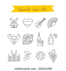 Set of icons of Spanish. Vector illustration on a white background, painted by hand.