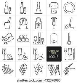 Set of icons of sparkling wine. Icons bottles and wine glasses, wine shop, tasting, food, cellar and vineyards. vector illustration.