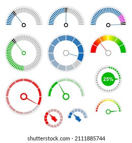 Set von Symbolen von Geschwindigkeitsmessern und Dials für Infografiken. Indikatoren für die Messung der Geschwindigkeit, der Bewertung, des Fortschritts, der Leistung. Vektorgrafik.