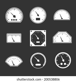 Set icons of speedometers isolated on black. Vector illustration