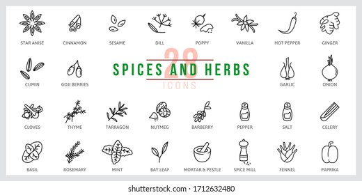 Set of icons Spices and Herbs. Outline illustration vector. Pictogram for web page, mobile app, promo. UI UX GUI design element. Editable stroke. Vector.
