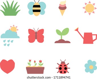 Set icons sping vector flower ladybird plant sun icecream bee butterfly vase pot gardening rain