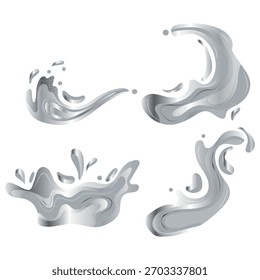 Satz von Symbolen von Spritzer und verschiedenen Strömen mit einer Metallstruktur, nämlich mit einer silbernen Textur, für Hintergründe für Auszeichnungen, Erfolge oder Bewertungssymbole	
