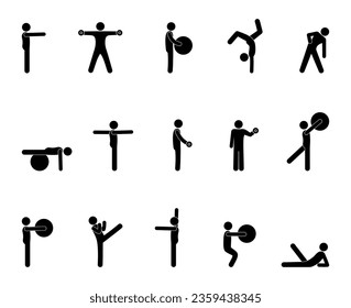 set of icons sport, gym, stick figure man, human silhouettes