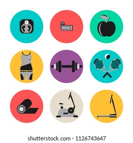 Set of icons of sports equipment for fitness. Vector illustration.