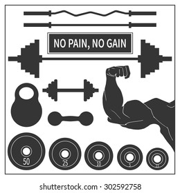 Set of icons of sports equipment for the gym, vector illustration. Barbell and dumbbell, kettlebell.