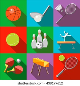 Set icons sports equipment with a long shadow in the style flat. Sports basketball, sports, Golf sports gymnastics, sport badminton, tennis, sports, bowling, ball for tennis