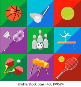 Set icons sports equipment on a two-tone background in the style of flat. Sports basketball, sports, Golf sports gymnastics, sport badminton, tennis, sports, bowling, ball for tennis