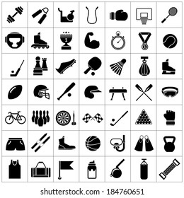 Set icons of sports and fitness equipment isolated on white. Vector illustration