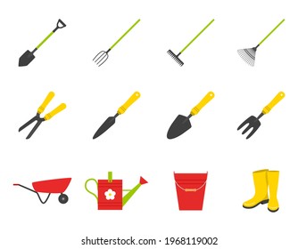 A set of icons. Spring, garden tools, rake, boots, bucket, watering can, wheelbarrow, shovel. Color flat cartoon vector illustrations isolated on a white background.