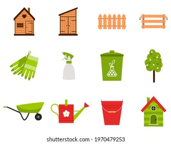 A set of icons. Spring, garden tools, shed, gloves, fertilizer, water sprayer, fence, box, bucket. Color flat cartoon vector illustrations isolated on a white background.