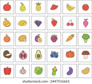 Set of icons in square stickers vegetables and fruits illustration