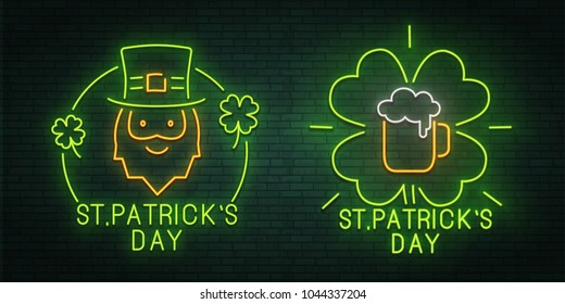 Conjunto de íconos para el Día de San Patricio. Mug de cerveza.  Clover.Señal de Neon. logotipo, emblema y etiqueta. banner. Establecer. Ilustración del vector