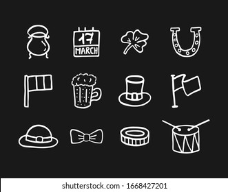Set of icons for St Patrick's Day. Hand drawn pictures on the black background. 17 March celebration. Clover, beer, Irish flag, coin, drum, kettle, hat, leprechaunt's items.